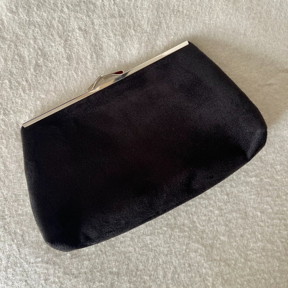 EUC - Emerald Valley Suede Cloth Clutch Handbag - Black with Silver Frame